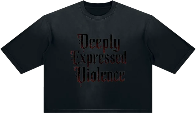 Deeply Expressed Violence tee. Blackletter printed black on black.