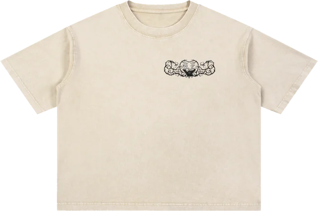 Smiling Nun tee on bone. She is pleased about something you cannot see.
