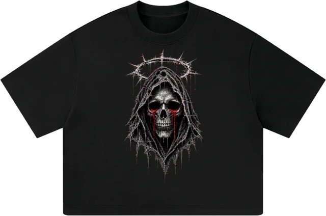 Thorn Halo tee. A crowned skull under lightning, bleeding through the cloth.