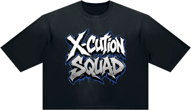 X-Cution Squad tee. Graffiti in chrome and blue, dripping.
