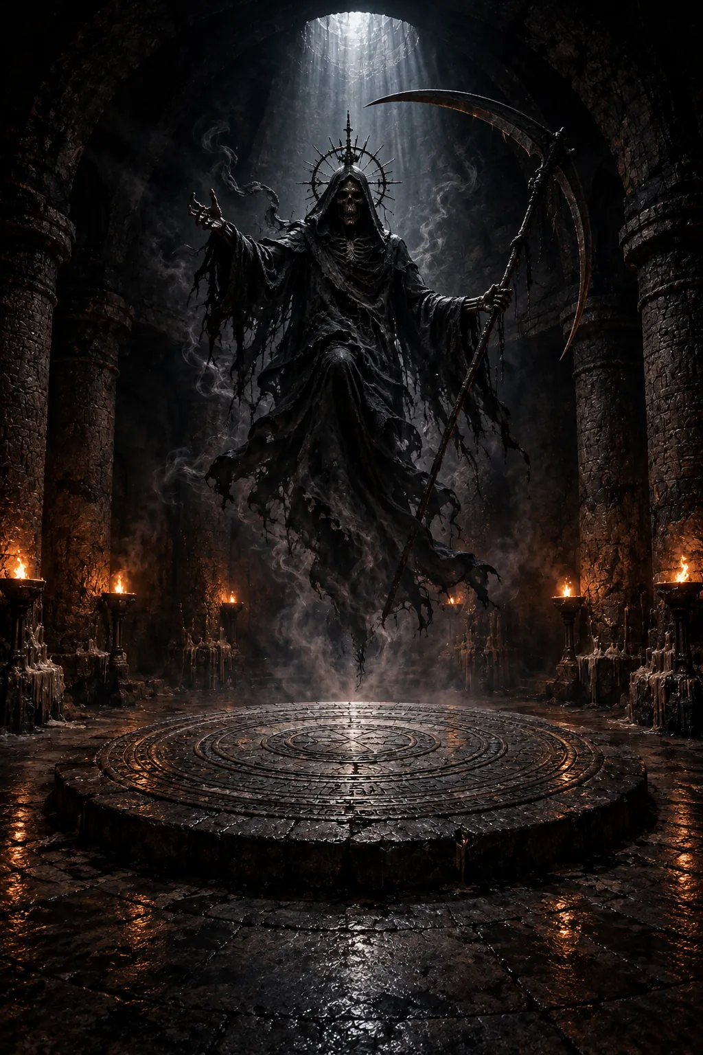 The altar. The Reaper hangs over the circle and waits for a choice.