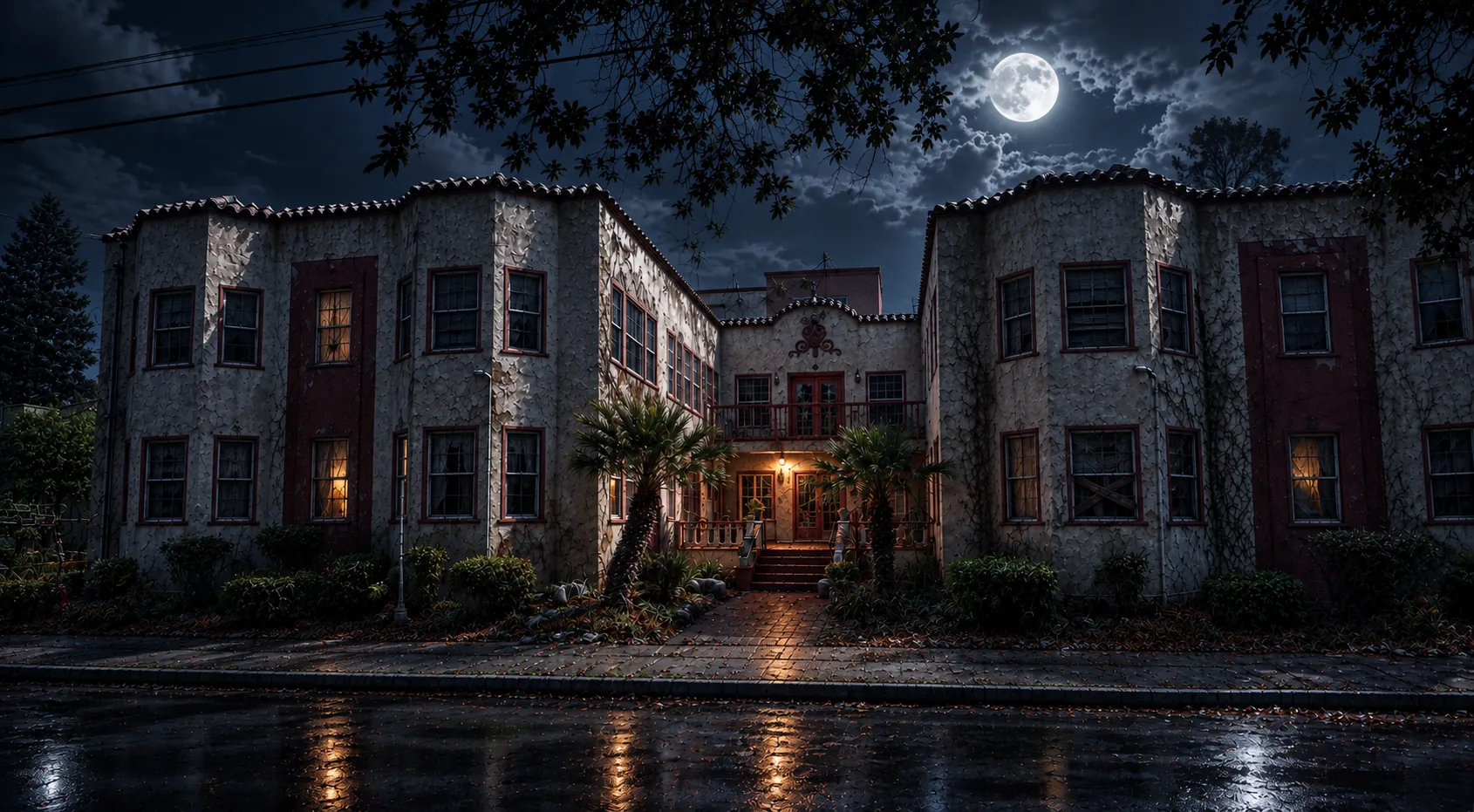 The same building at night. Every light is on and nobody is home.